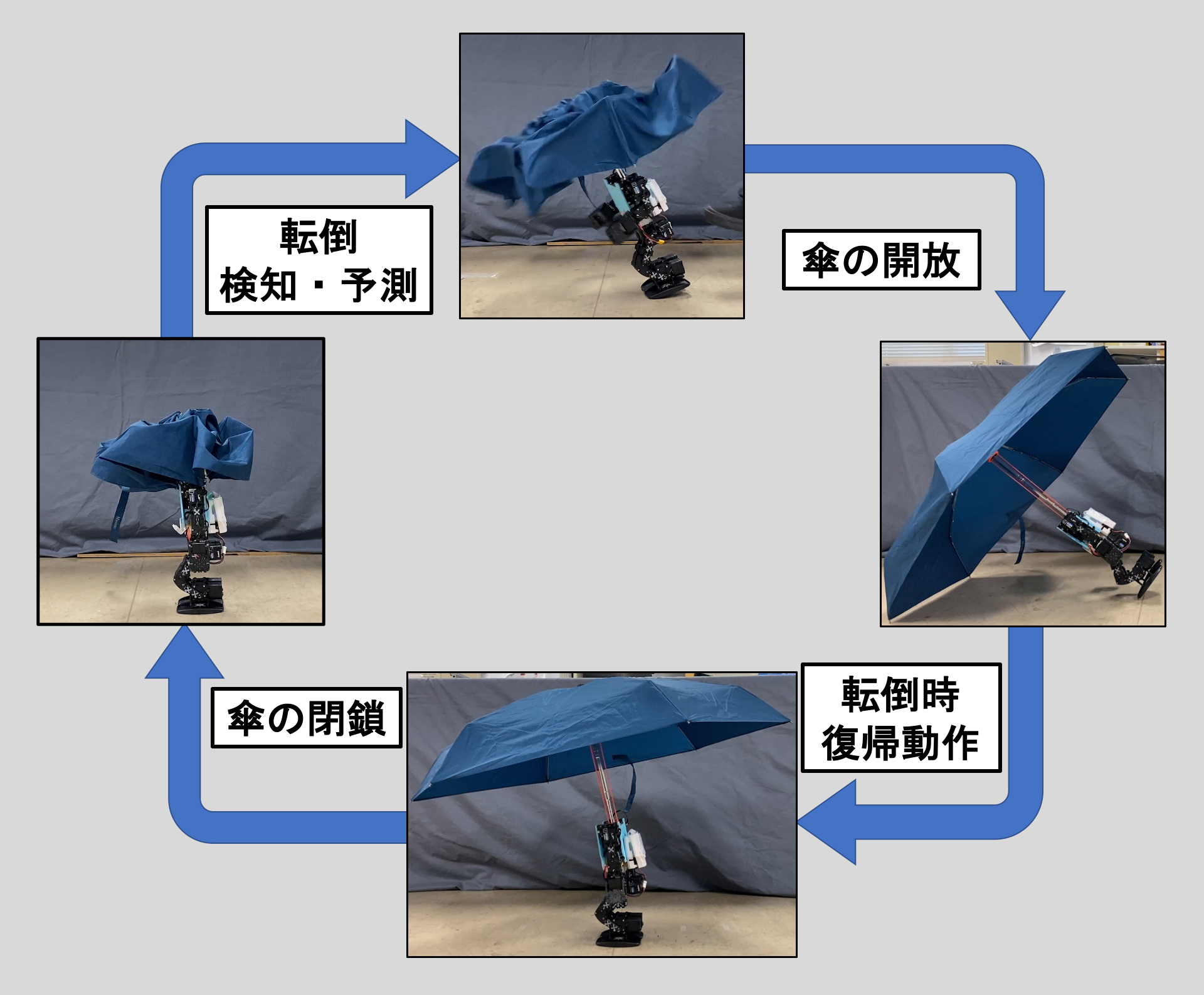 Umbrella Ribit Shock mitigation and recovery motion for a falling robot utilizing a ...